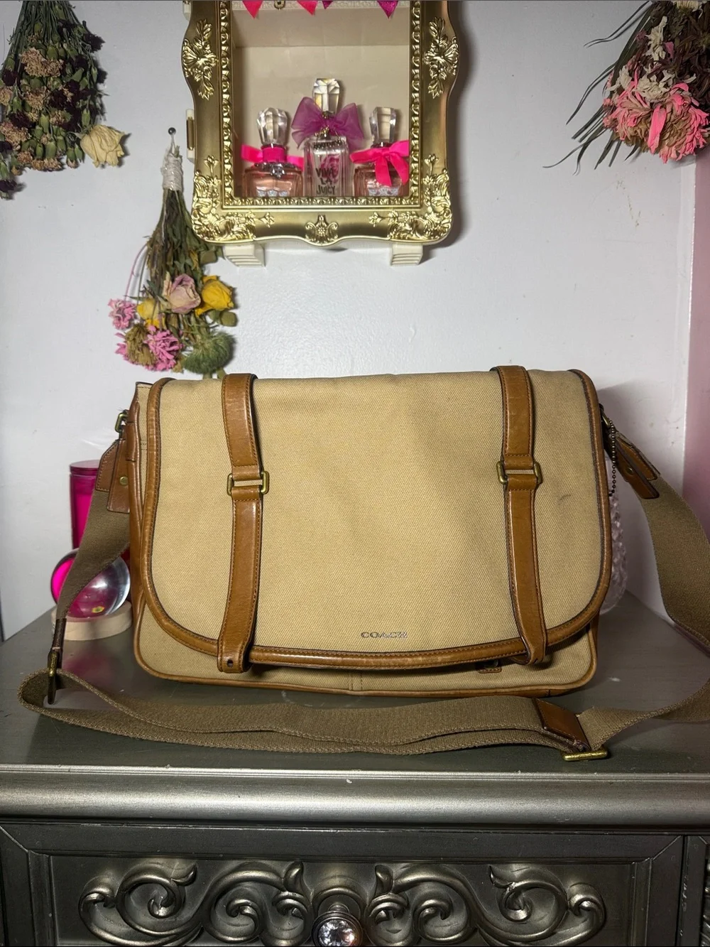 Coach Beige Canvas Messenger Bag with Brown Leather Trim